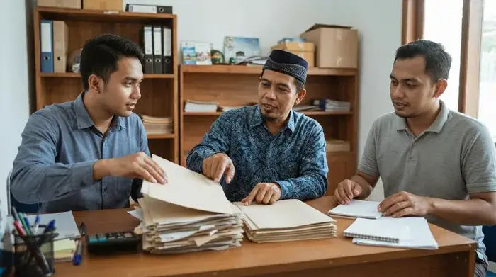 Owner dan staff travel Indonesia merapikan data jamaah bersama