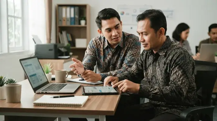 Owner dan staff travel membedakan omzet, kas, biaya, dan laba melalui workflow digital