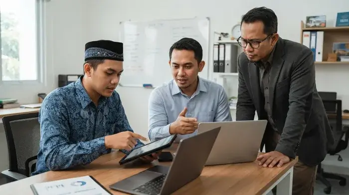 Tiga pria tim operasional travel memeriksa manifest pemberangkatan melalui laptop dan tablet