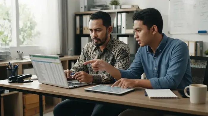 Owner dan staff travel memeriksa manifest pemberangkatan melalui perangkat digital