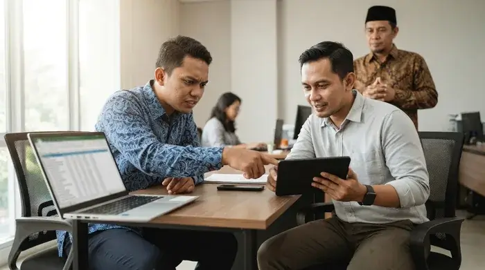 Staff operasional travel memeriksa manifest pemberangkatan melalui laptop dan tablet
