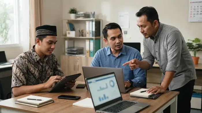 Tiga pria tim travel merapikan data jamaah melalui perangkat digital