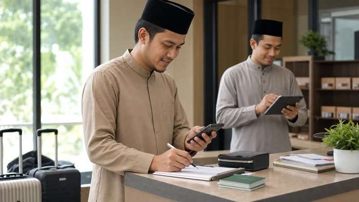 Staff travel umrah merapikan data jamaah dari ponsel ke satu rujukan kerja